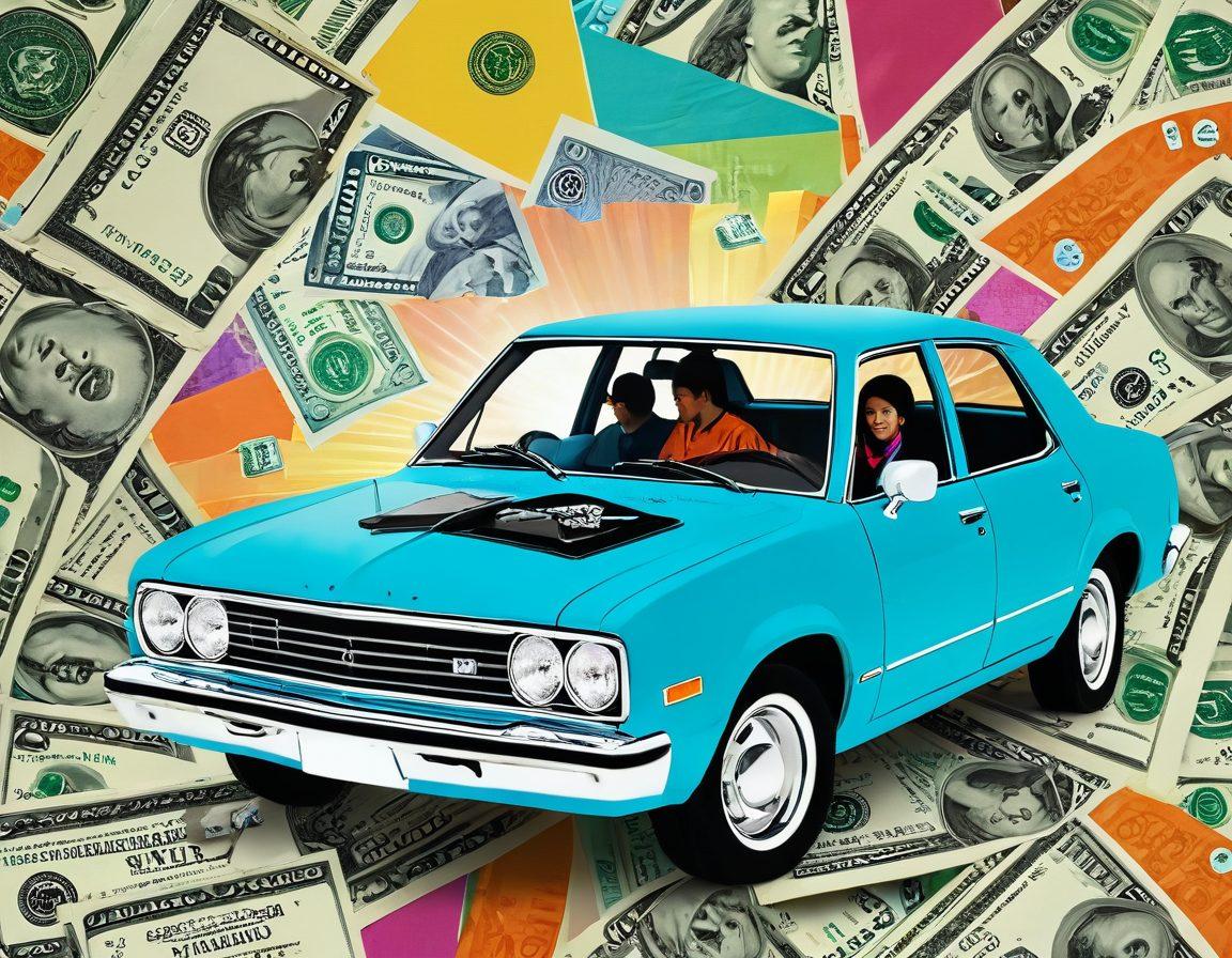A collage showcasing a happy family in a car with dollar bills floating around, symbolizing affordable car insurance. Include a magnifying glass over a policy document, emphasizing smart choices. Bright colors to convey optimism and clarity. Add a background with auto insurance icons like shields and cars. vibrant colors. digital art.