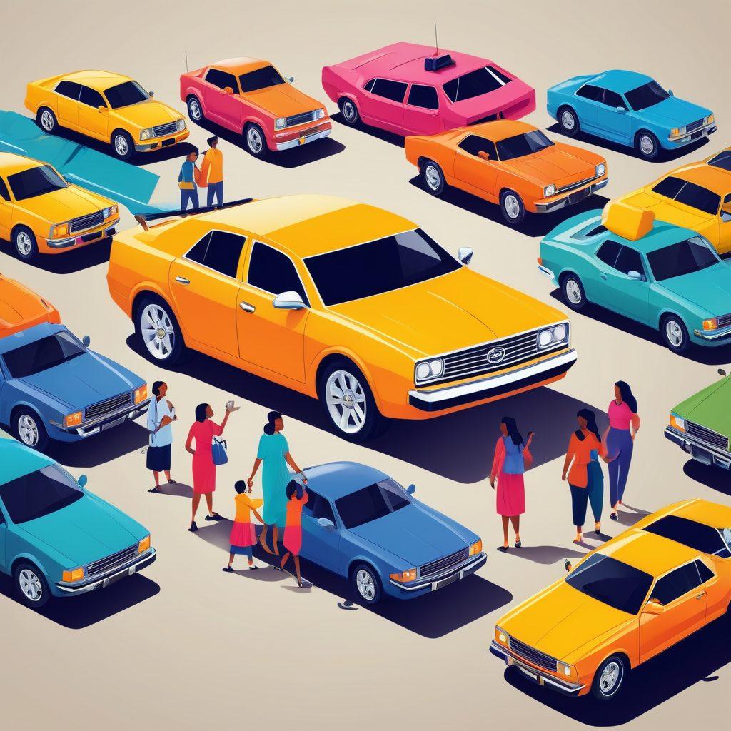 A dynamic composition featuring a shield symbolizing vehicle protection, surrounded by vibrant dollar signs and discount tags. Include a diverse group of people joyfully discussing vehicle insurance, with a backdrop of cars in the foreground. The overall tone should convey savings and security in a friendly atmosphere. bright colors. vector art.