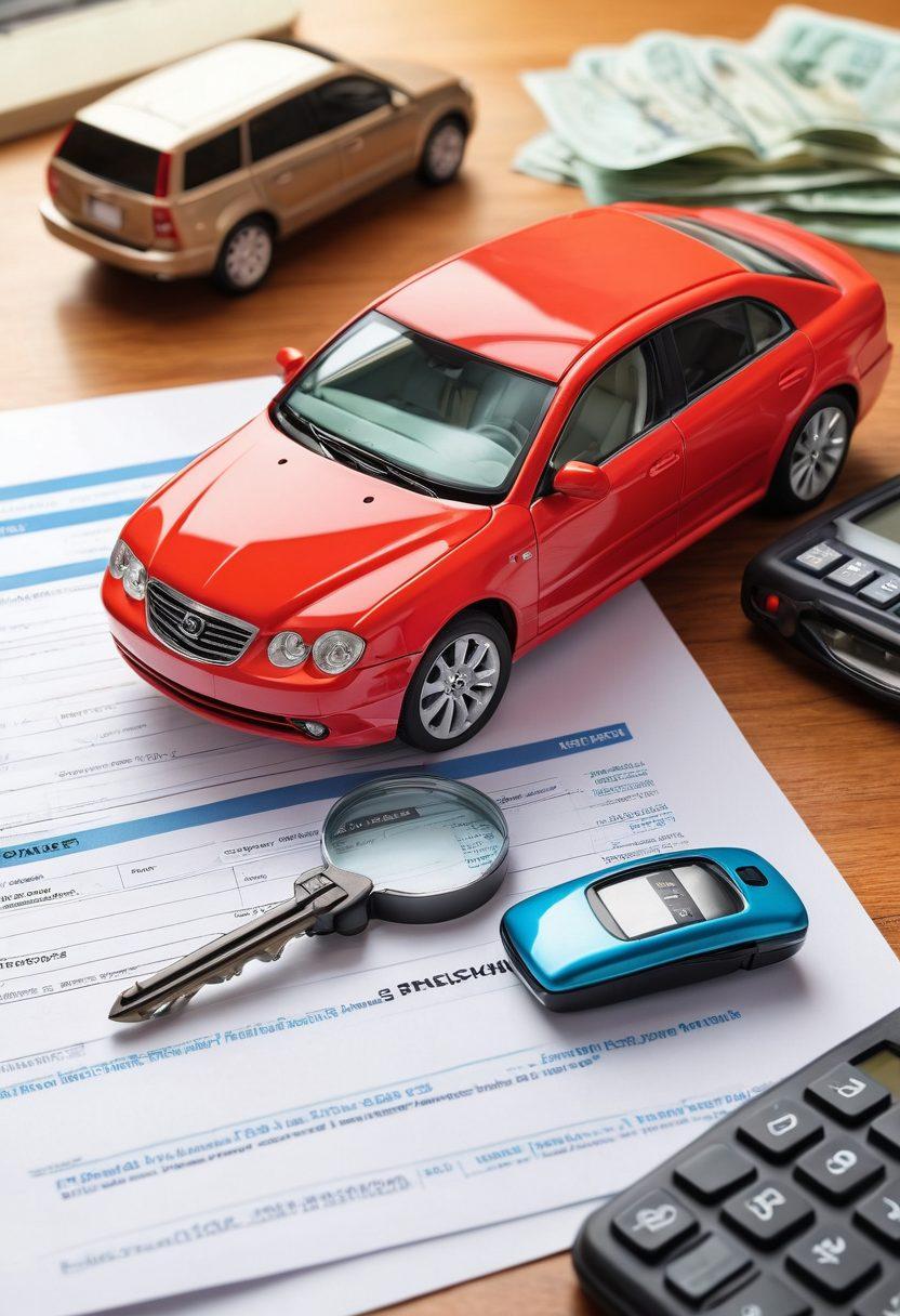 A creative composition featuring a magnifying glass over auto insurance documents, with car keys and a calculator in the foreground. In the background, a peaceful highway scene encapsulates the freedom that insurance provides. Use vibrant colors to capture attention and apply a modern, sleek design style to suggest professionalism and clarity. super-realistic. vibrant colors.